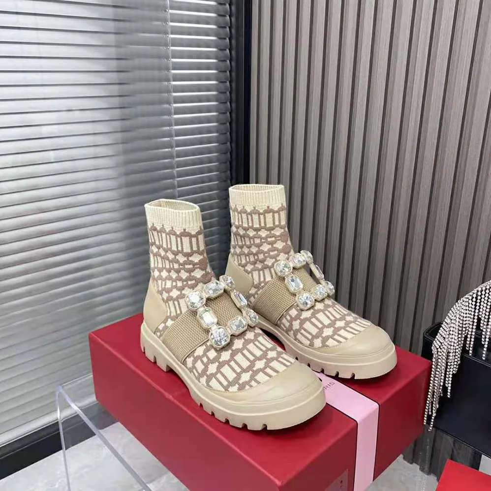 Roger Vivier Walky Viv' Rhinestone Buckle Socks Ankle Boots in Fabric for Women in Beige
