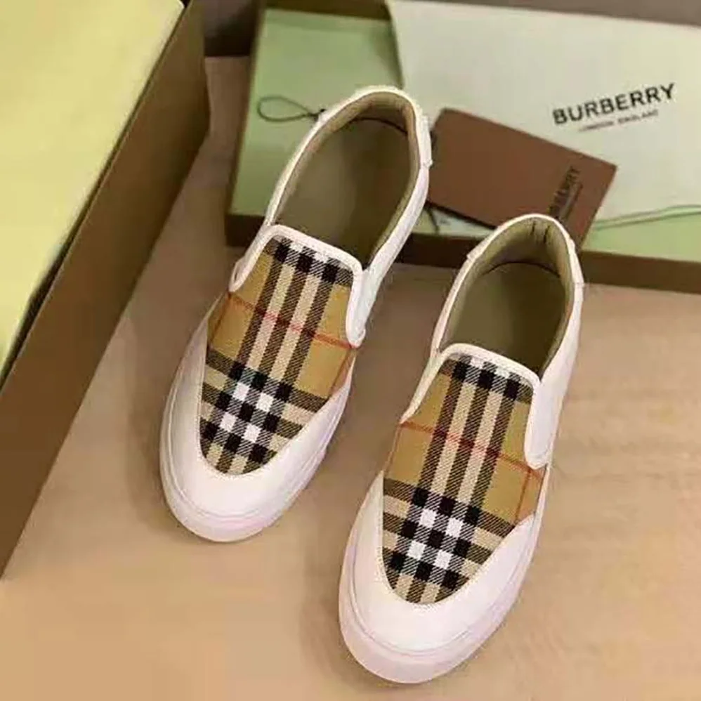 Burberry Leather and Vintage Check Slip-on Sneakers for Women in White Burberry Leather and Vintage Check Slip-on Sneakers for Women in White