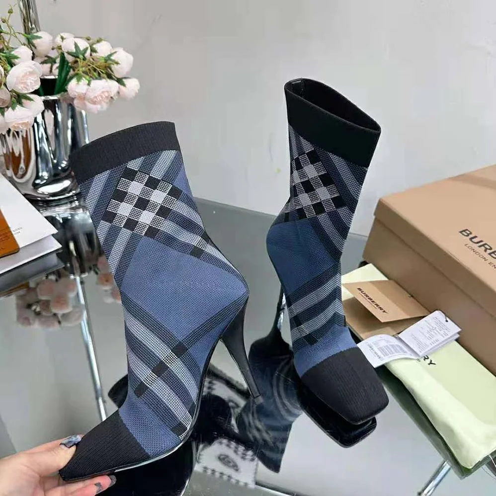 Burberry Knitted Check Sock Boots for Women in Navy Burberry Knitted Check Sock Boots for Women in Navy