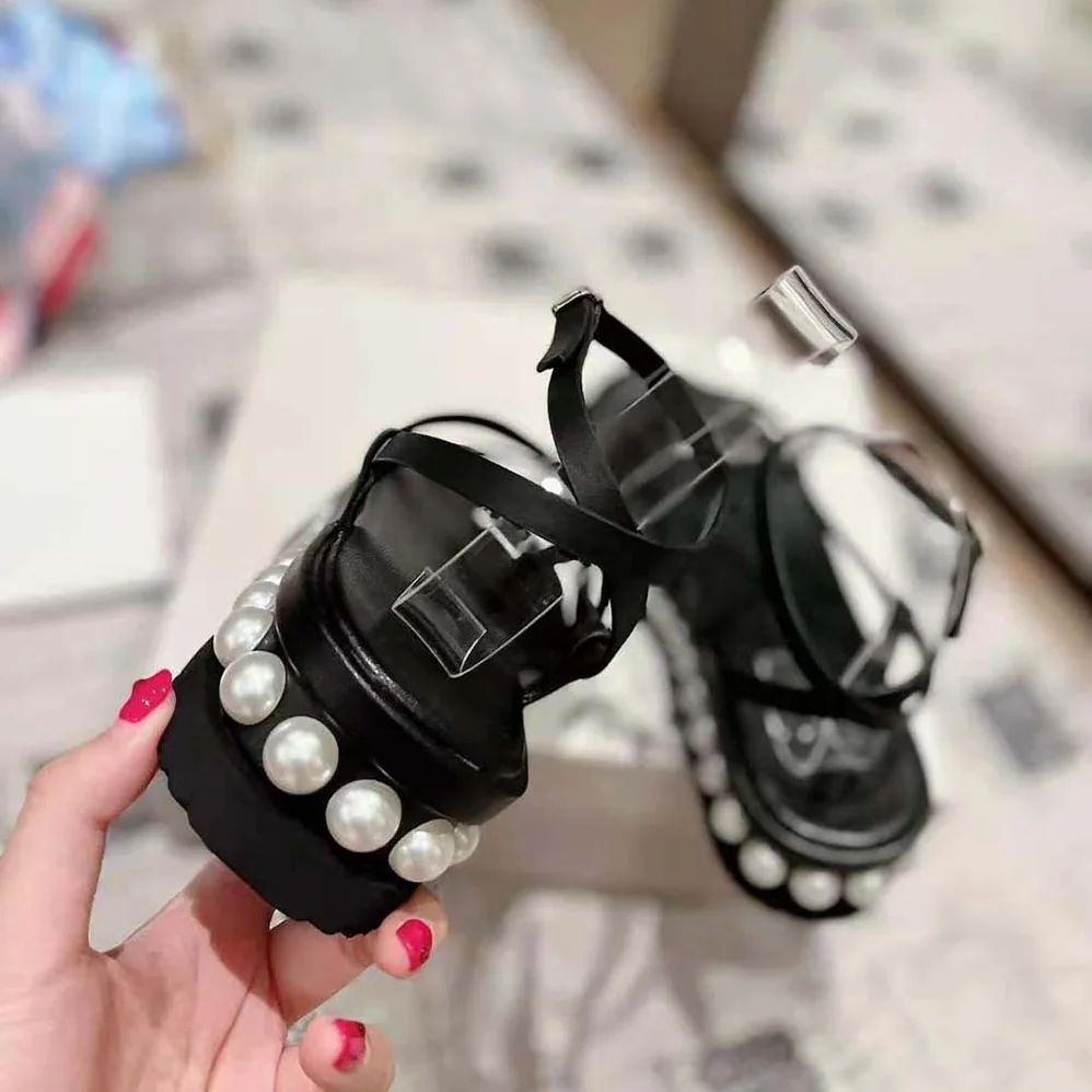 Jimmy Choo Pine Flat Black Vachetta Leather Platform Sandals with Pearl Embellishment for Women