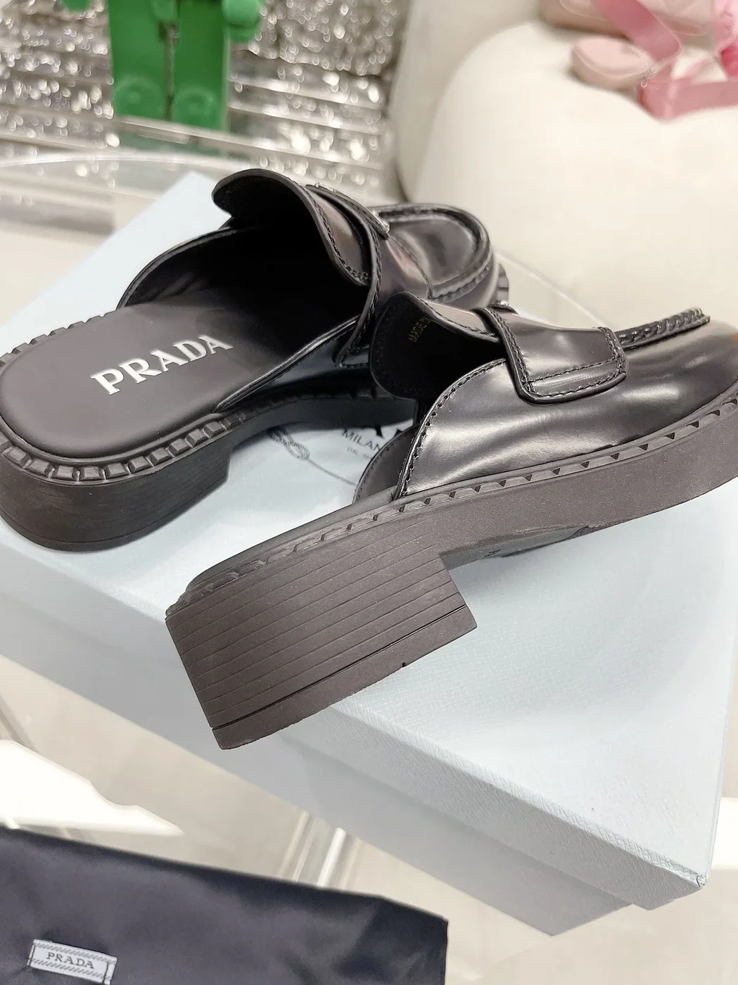 Prada Chocolate Brushed Mules Black in PRD