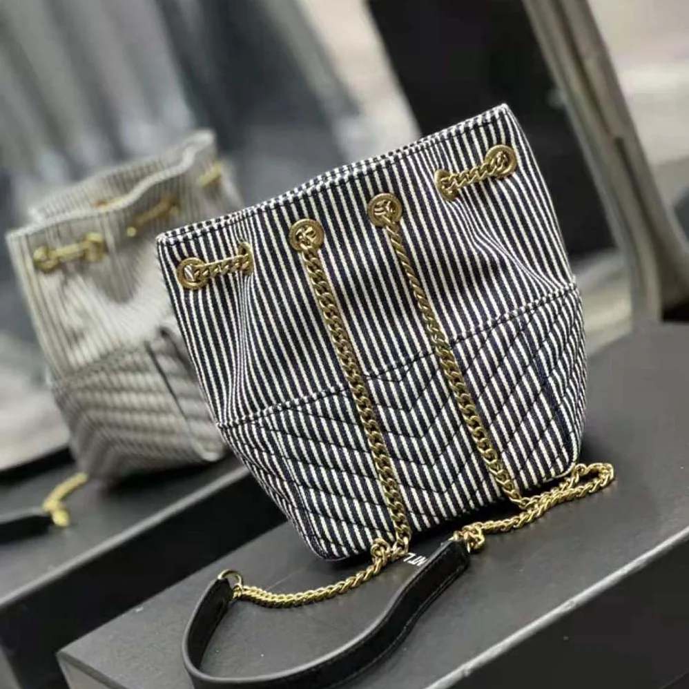 Saint Laurent YSL Joe Mini Bucket Bag in Micro Stripped Denim for Women