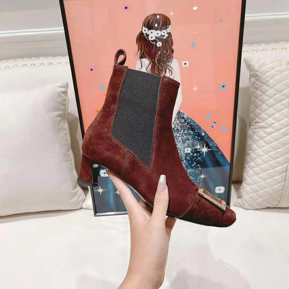 Roger Vivier Trompette Metal Buckle Chelsea Booties in Suede for Women in Maroon Roger Vivier Trompette Metal Buckle Chelsea Booties in Suede for Women in Maroon