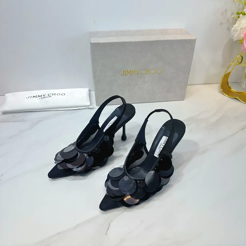 Jimmy Choo Isa 95 Black Mesh Paillette Pumps for Women