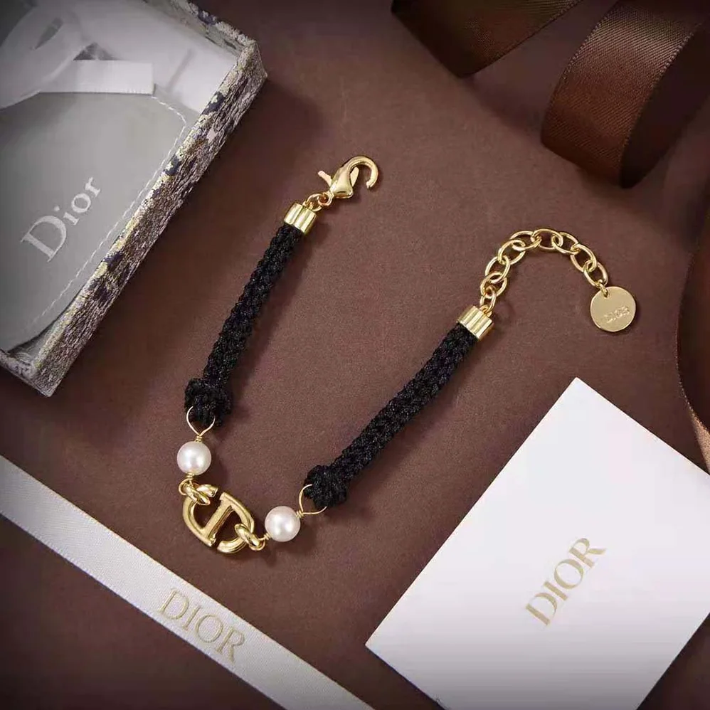 Dior CD Navy Bracelet Gold-Finish Metal with Black Cotton and White Resin Pearls for Women Dior CD Navy Bracelet Gold-Finish Metal with Black Cotton and White Resin Pearls for Women