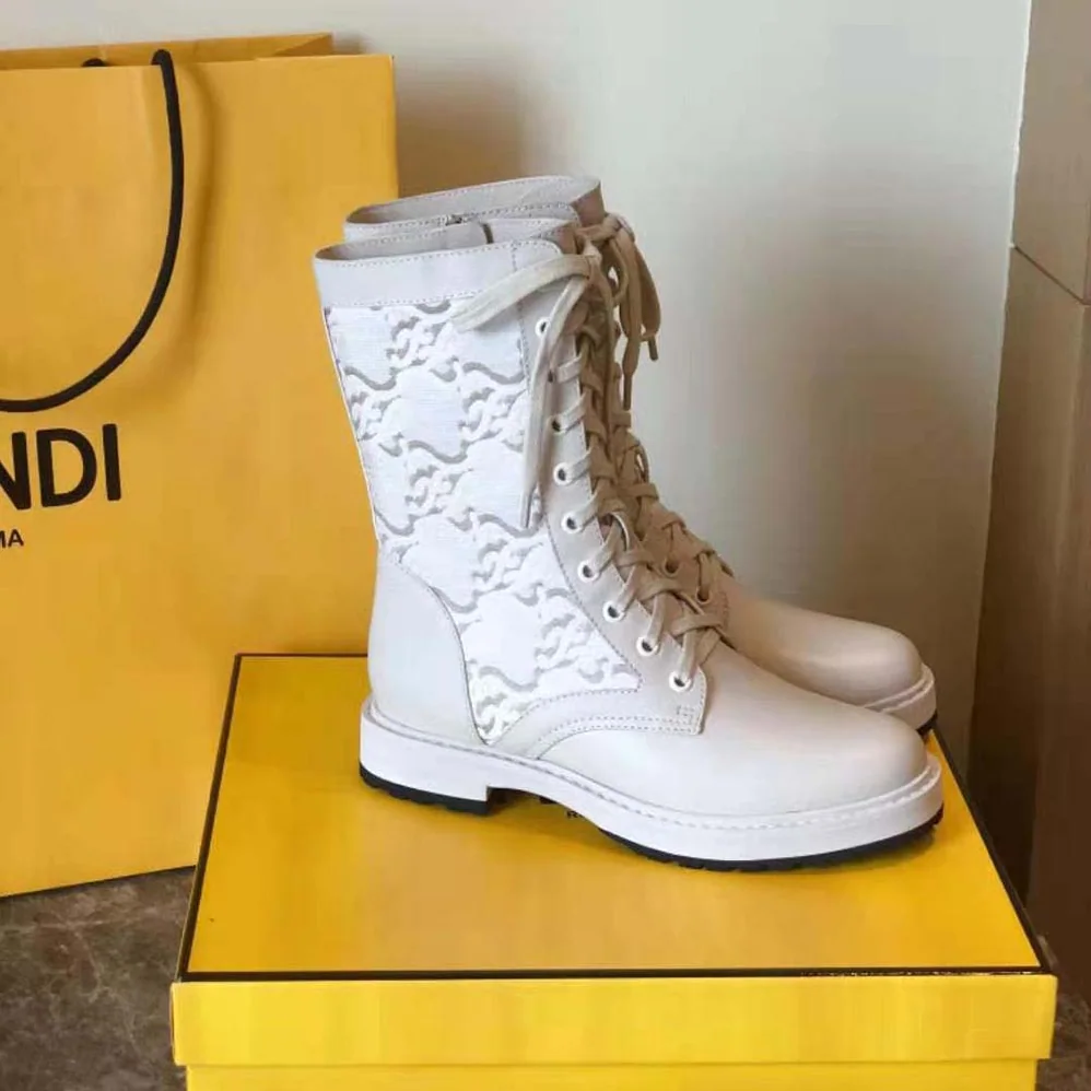 Fendi Signature White Leather Biker Boots for Women