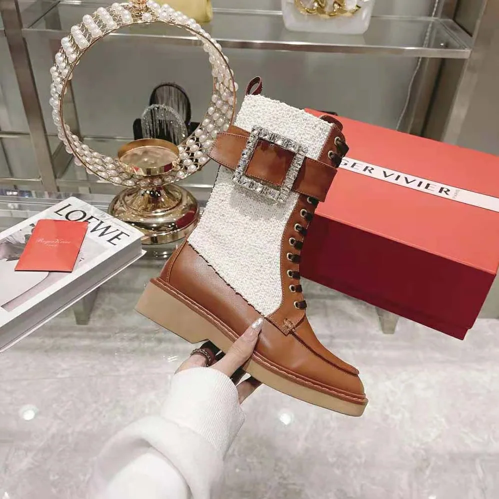 Roger Vivier Viv' Rangers Strass Buckle Boots in Fabrics for Women Roger Vivier Viv' Rangers Strass Buckle Boots in Fabrics for Women