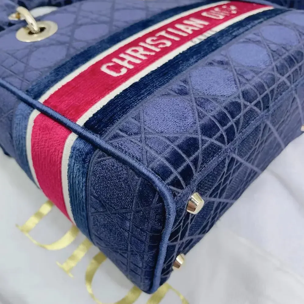 Dior Medium Lady D-lite Bag Blue Velvet Cannage Embroidery for Women Dior Medium Lady D-lite Bag Blue Velvet Cannage Embroidery for Women