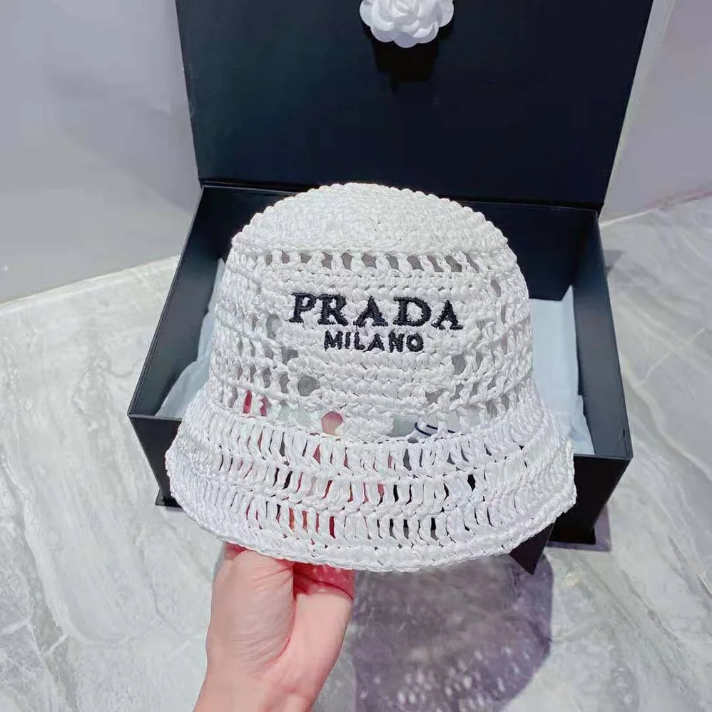 Prada Raffia Bucket Hat for Women in White Prada Raffia Bucket Hat for Women in White