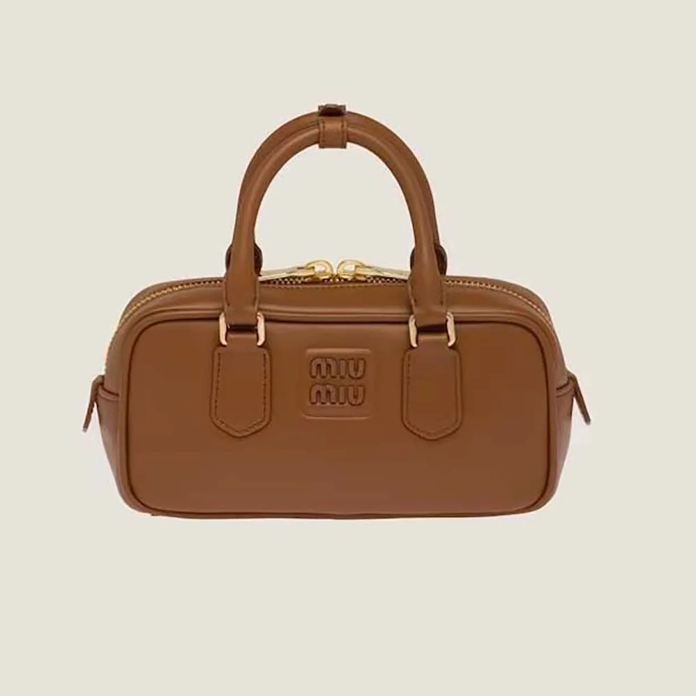 Miu Miu Arcadie Leather Bag with Metal Lettering Logo for Women in Brown Miu Miu Arcadie Leather Bag with Metal Lettering Logo for Women in Brown