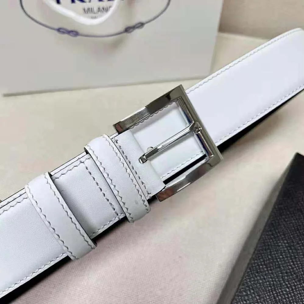 Prada Leather Belt with Enameled-Metal Triangle Logo for Women in White