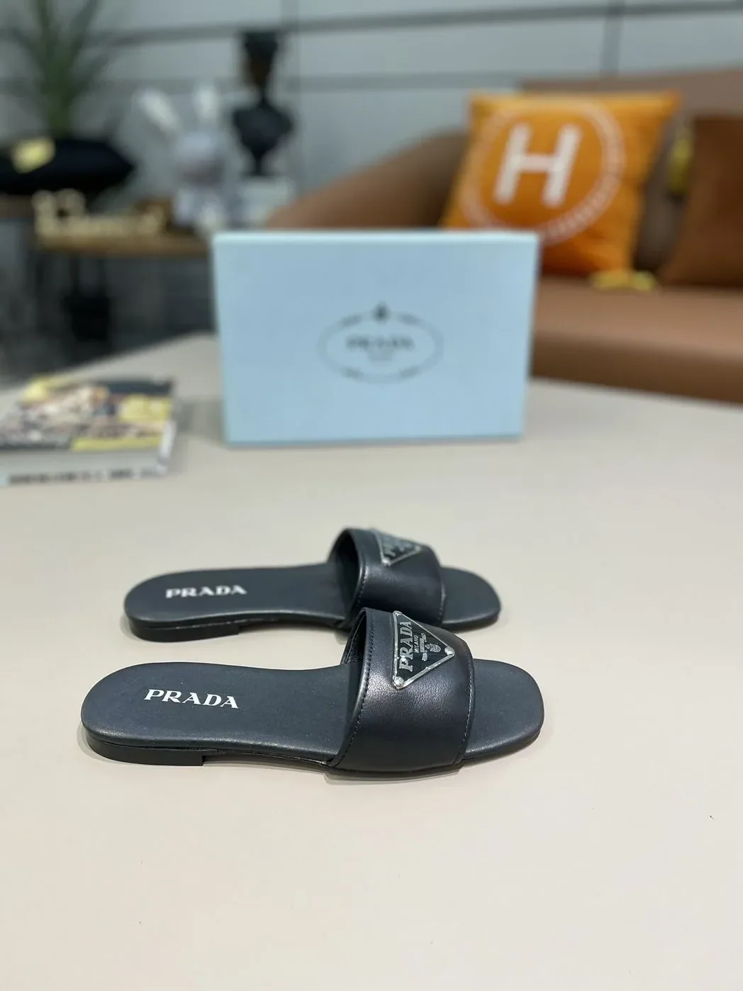 Prada Saffiano Slides Black /