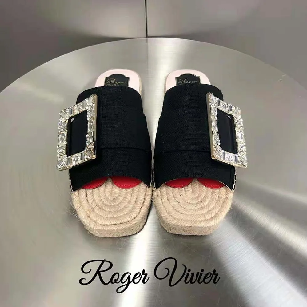 Roger Vivier Strass Buckle Espadrille Mules in Velvet for Women in Black