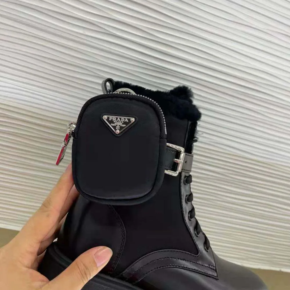 Prada Monolith Leather and Nylon Biker Boots for Women in Black
