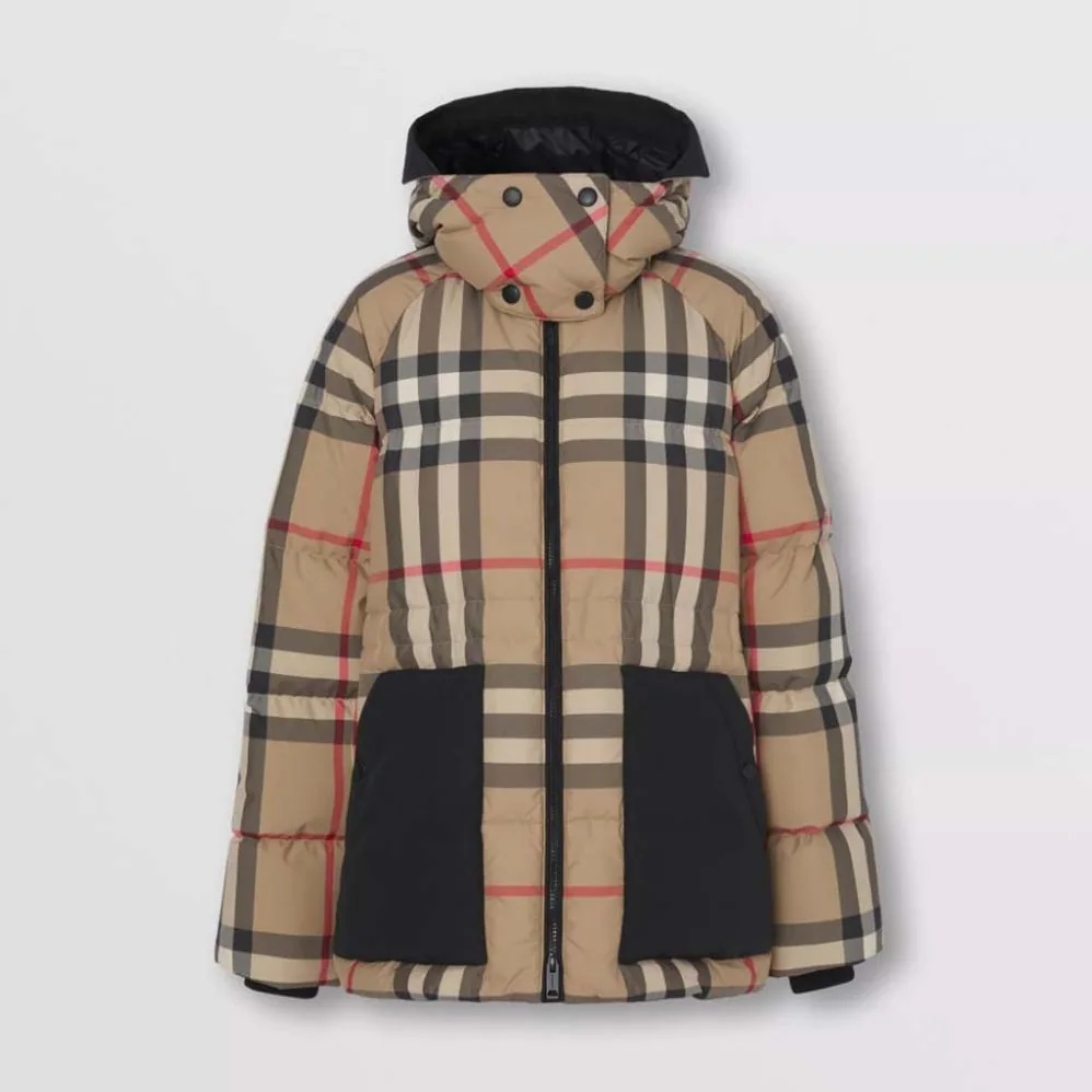 Burberry Detachable Hood Check Recycled Polyester Puffer Jacket for Women