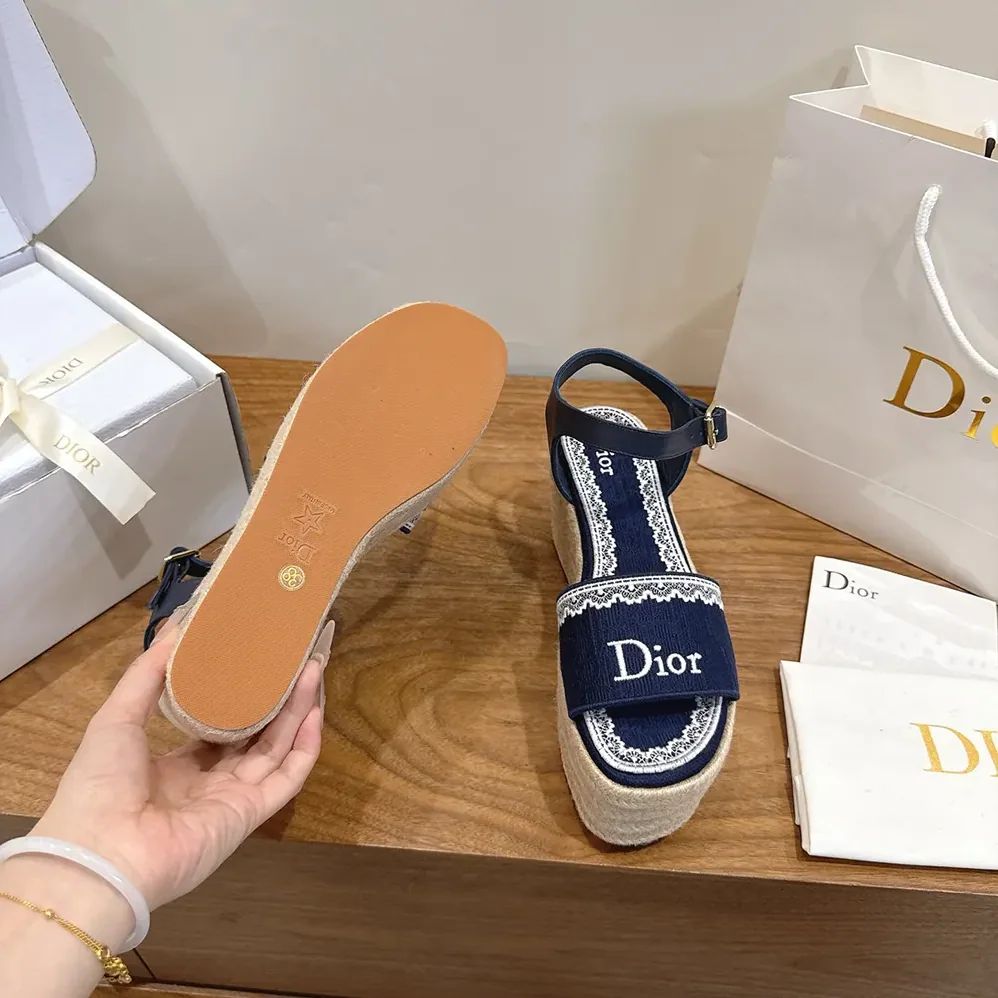 Dior Dentelle Wedge Sandal Navy Blue Dior Oblique Embroidered Cotton and White Lace for Women Dior Dentelle Wedge Sandal Navy Blue Dior Oblique Embroidered Cotton and White Lace for Women