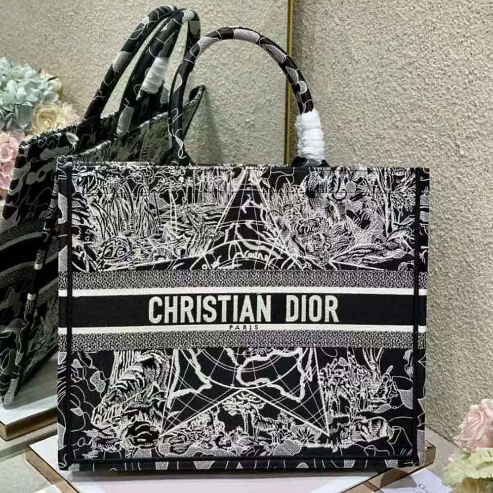 Dior Book Tote Black and White Dior Around the World Embroidery for Women