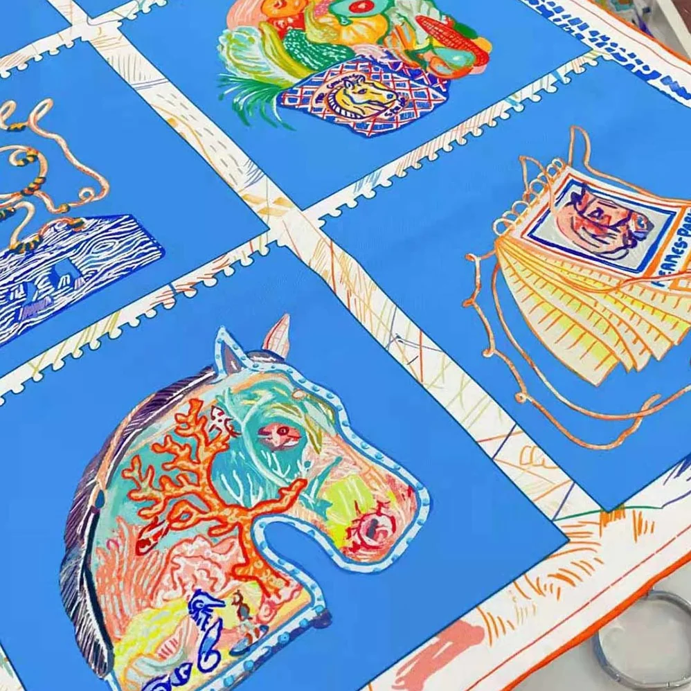 Hermes Chevaloscope Scarf 90 in Silk Twill with Hand-Rolled Edges for Women in Blue Hermes Chevaloscope Scarf 90 in Silk Twill with Hand-Rolled Edges for Women in Blue