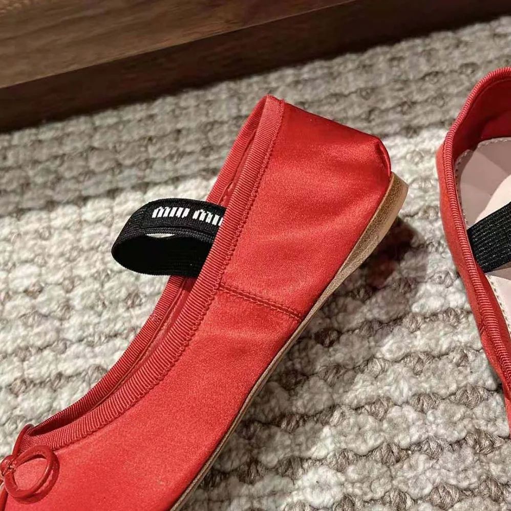 Miu Miu Satin Ballerinas with Knit Logo Label for Women in Red