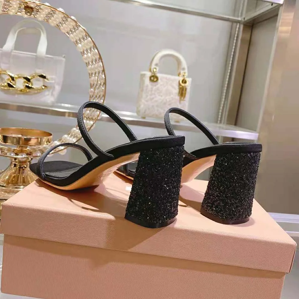 Miu Miu Satin and Glitter Slides in 85 mm Heel Height for Women in Black Miu Miu Satin and Glitter Slides in 85 mm Heel Height for Women in Black