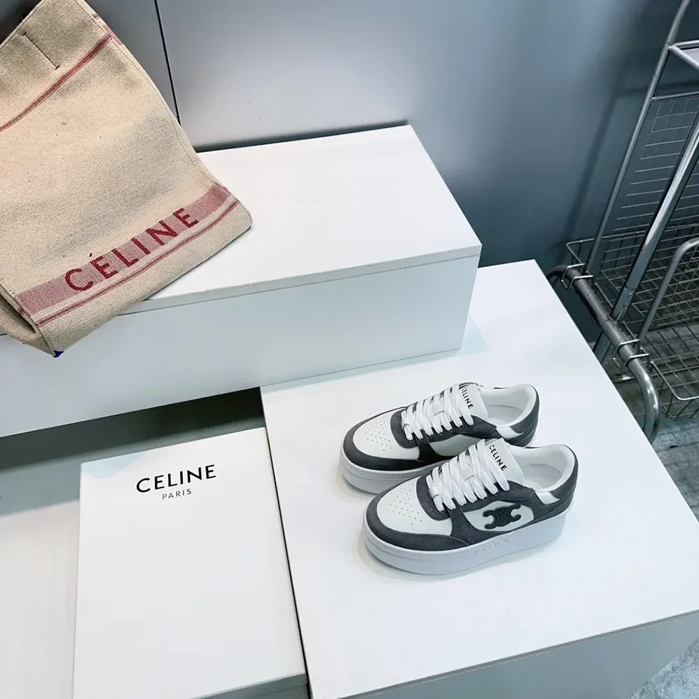 Celine Block Wedge Sneaker With Triomphe Patch In Calfskin And Suede Calfskin for Women in Gray Celine Block Wedge Sneaker With Triomphe Patch In Calfskin And Suede Calfskin for Women in Gray
