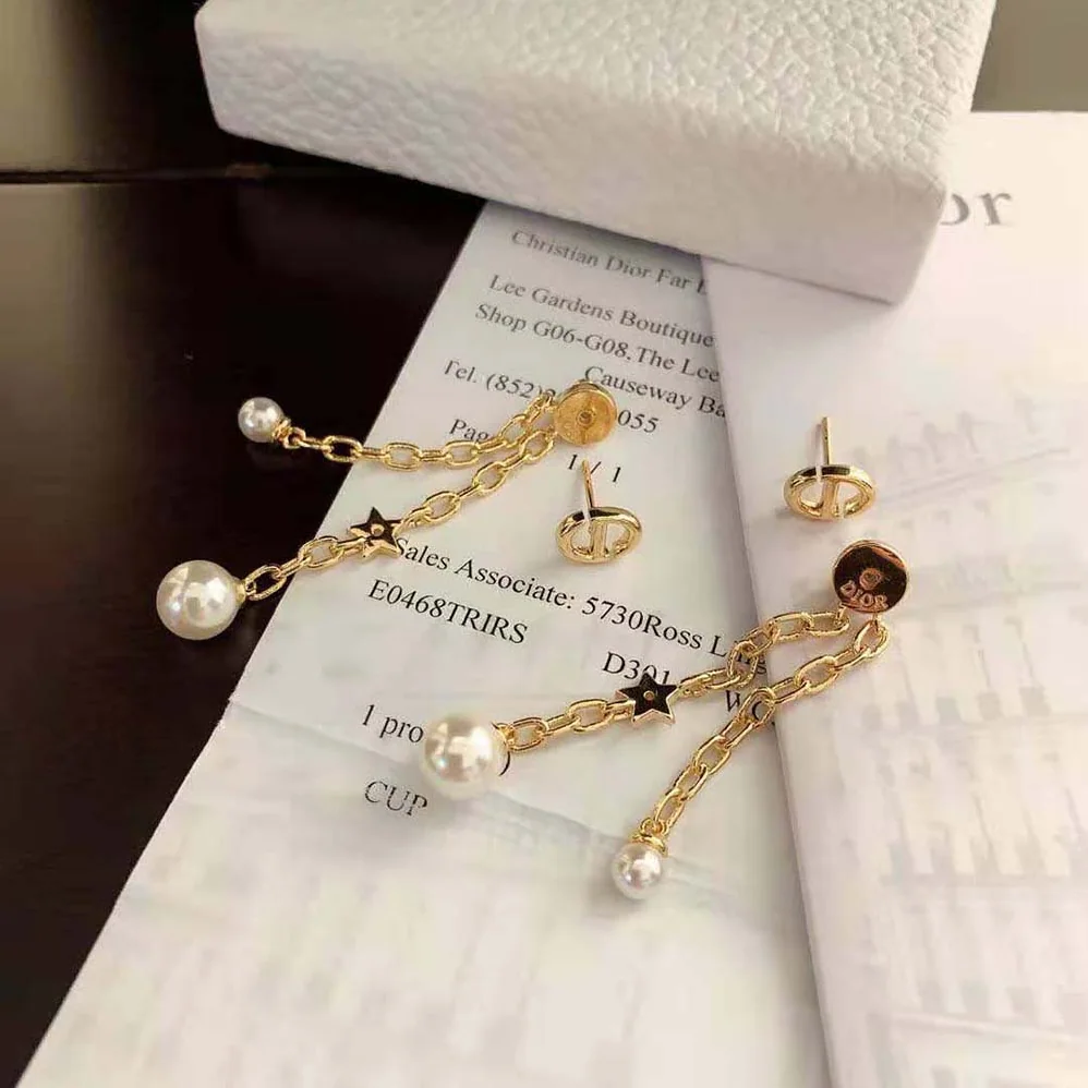 Dior CD Navy Earrings Gold-Finish Metal and White Resin Pearls for Women