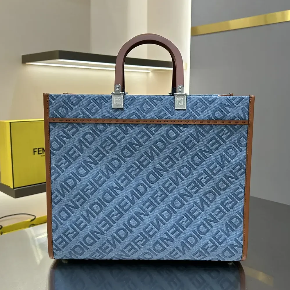 Fendi Sunshine Medium Light Blue Denim Shopper Bag for Women