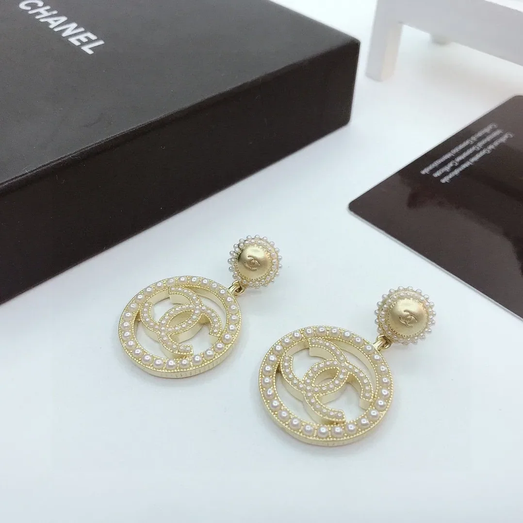 Chanel Dangling Big Circle Frame Earrings Gold Tone