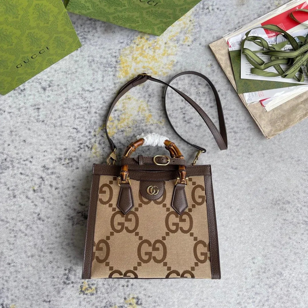 Gucci Diana Jumbo GG Small Tote Bag Camel And Ebony Jumbo GG Canvas Brown /