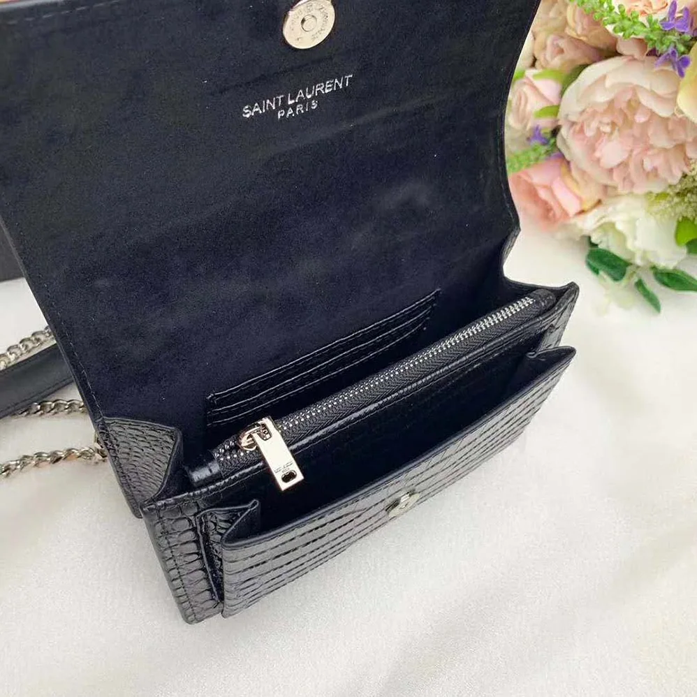 Saint Laurent YSL Sunset Medium Crocodile Embossed Shiny for Women in Black