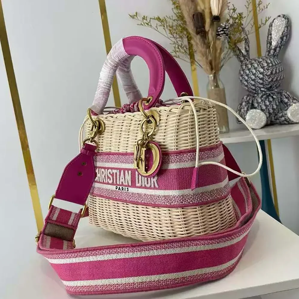 Dior Medium Lady Dior Bag Natural Wicker and Pink Dior Oblique Jacquard for Women Dior Medium Lady Dior Bag Natural Wicker and Pink Dior Oblique Jacquard for Women