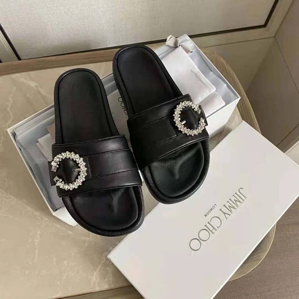 Jimmy Choo Fallon Black Nappa Leather Slides with Crystal Buckle for Women