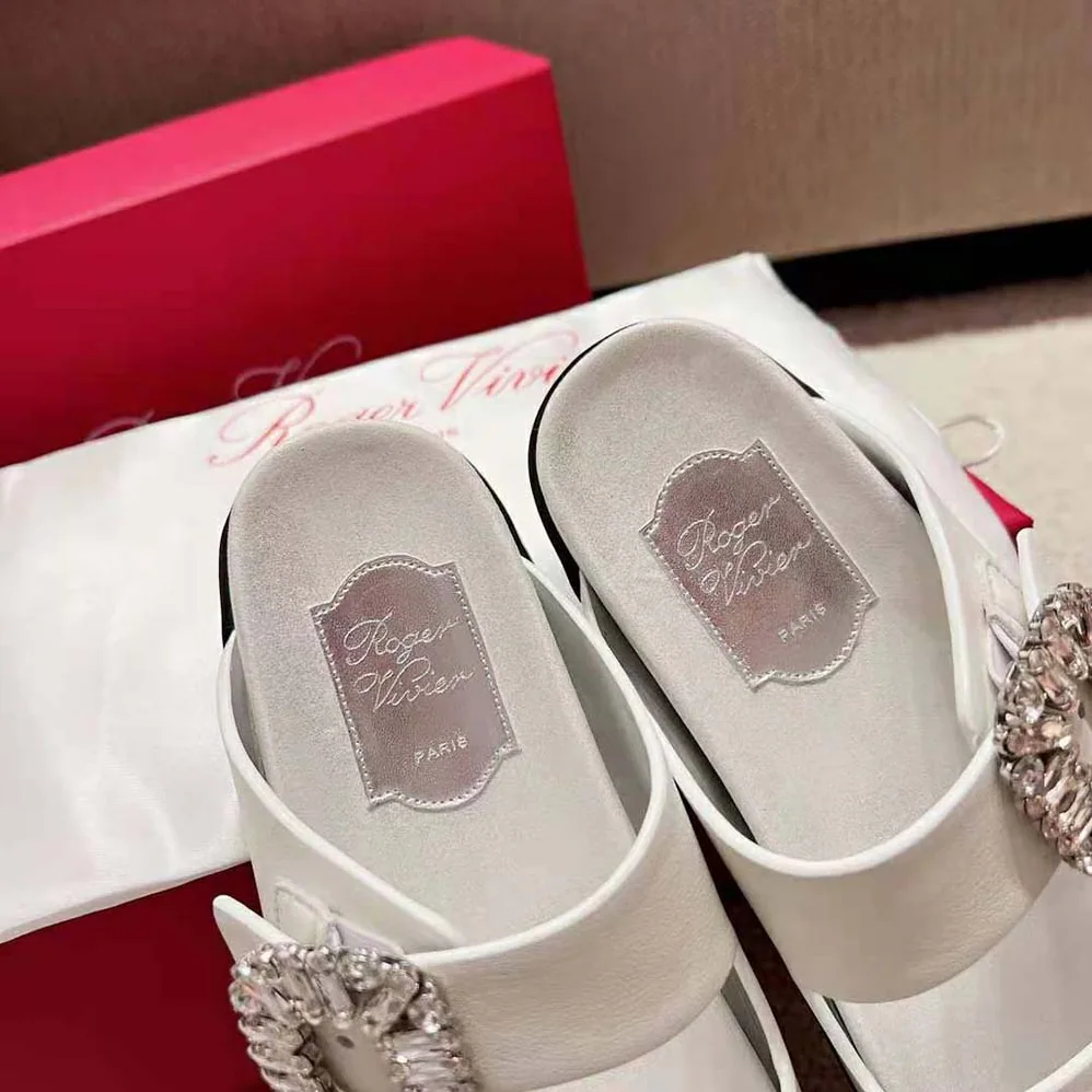 Roger Vivier Slidy Viv Strass Buckle Sandals in Fabric for Women in White
