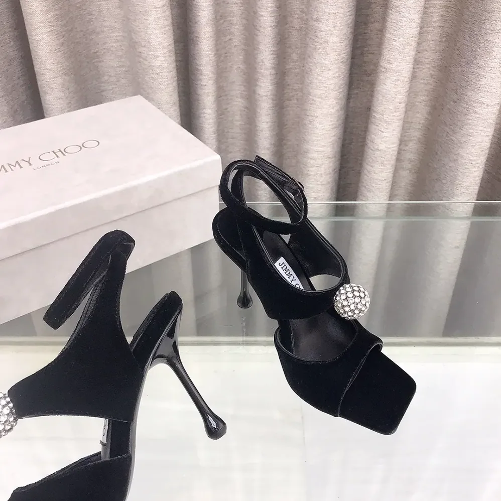 Jimmy Choo Orb 95 Black Velvet Sandals for Women