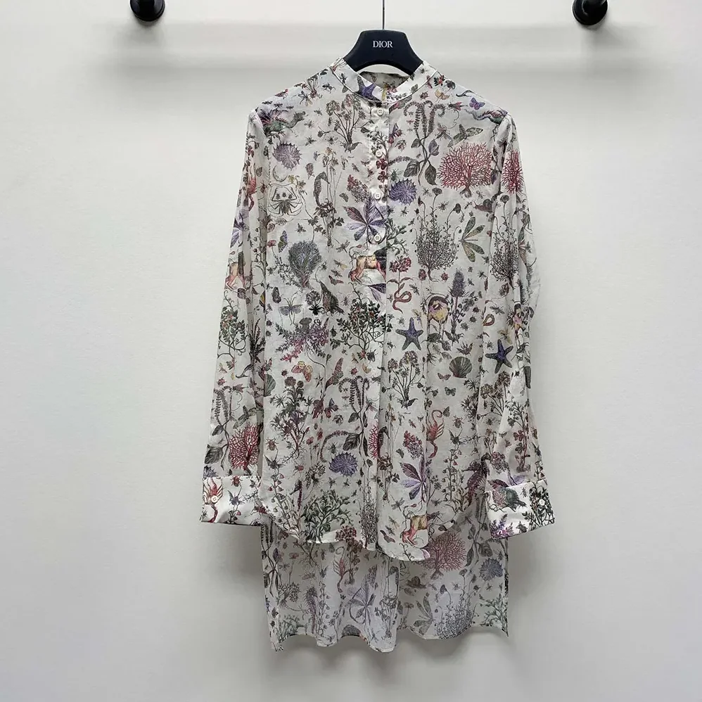 Dior Long Blouse White Cotton Muslin with Multicolor Dior Cabinet de Curiosités Motif for Women