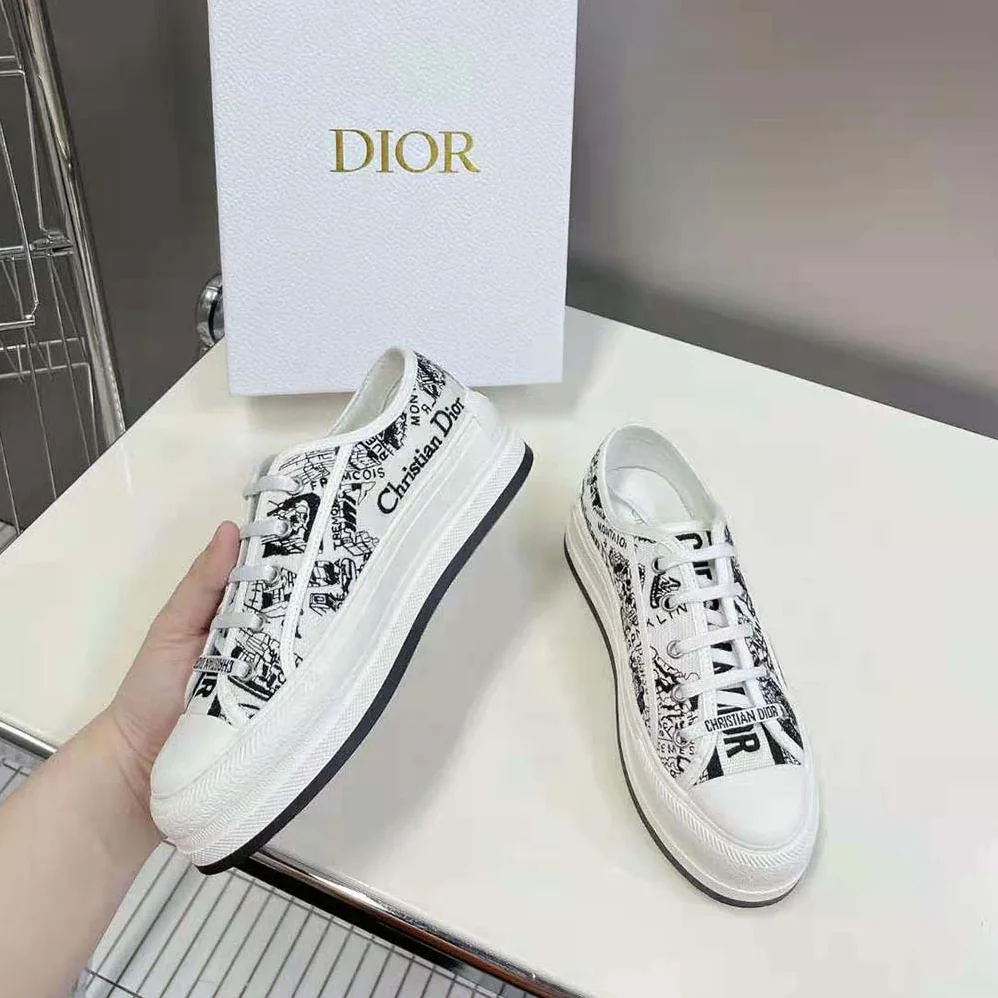 Dior Walk'N'Dior Platform Sneaker White and Black Cotton Embroidered with Plan De Paris Motif for Women