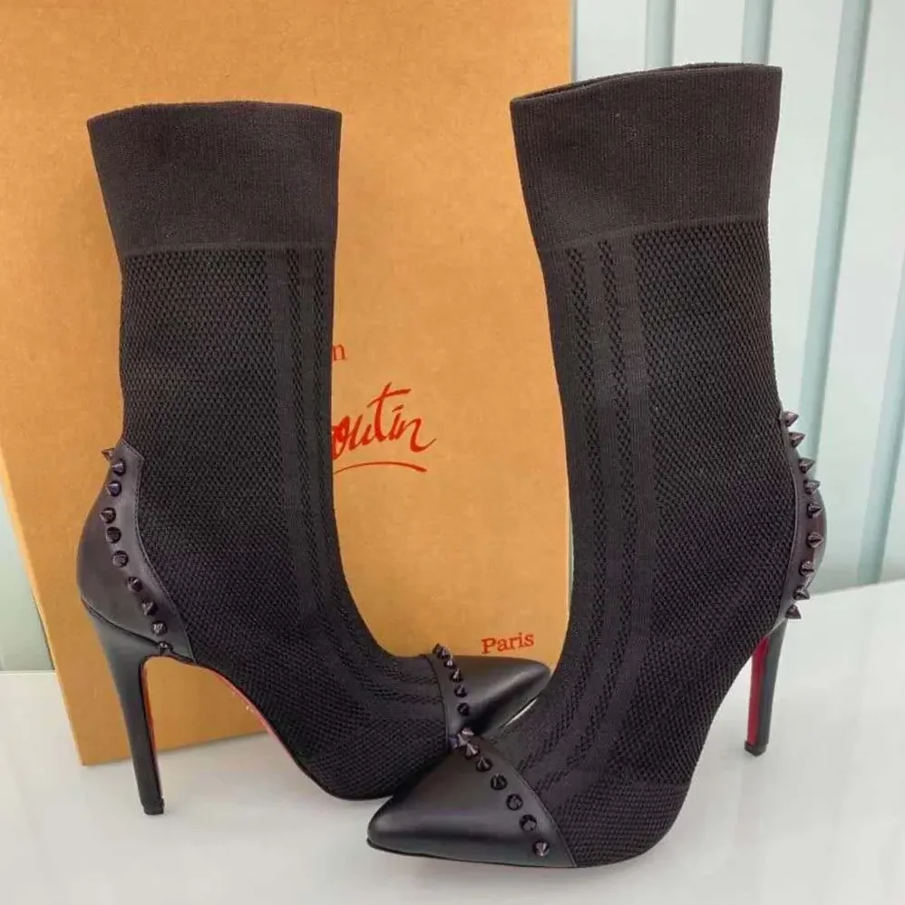 Christian Louboutin Nappa Knit Dovi Dova 100 Ankle Boots for Women in Black Christian Louboutin Nappa Knit Dovi Dova 100 Ankle Boots for Women in Black