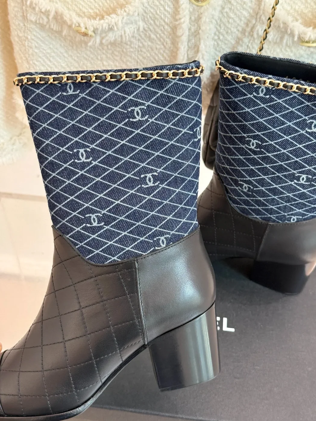 Chanel Double C Chunky Heel Boots With Chain Detail Blue Denim Chanel Double C Chunky Heel Boots With Chain Detail Blue Denim