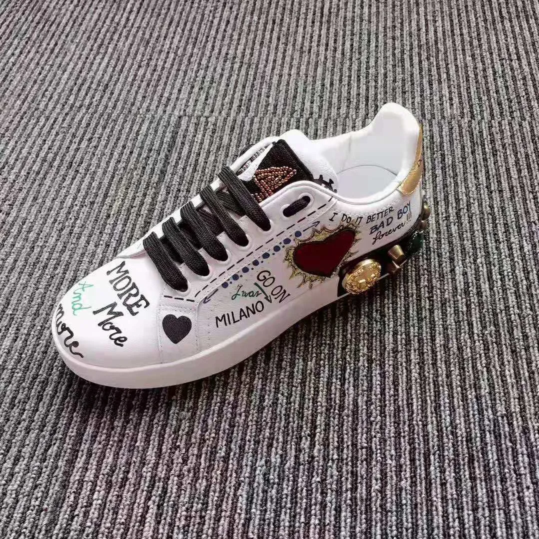 Dolce Gabbana D&G Printed Calfskin Nappa Portofino Sneakers with Patch and Embroidery for Women in White