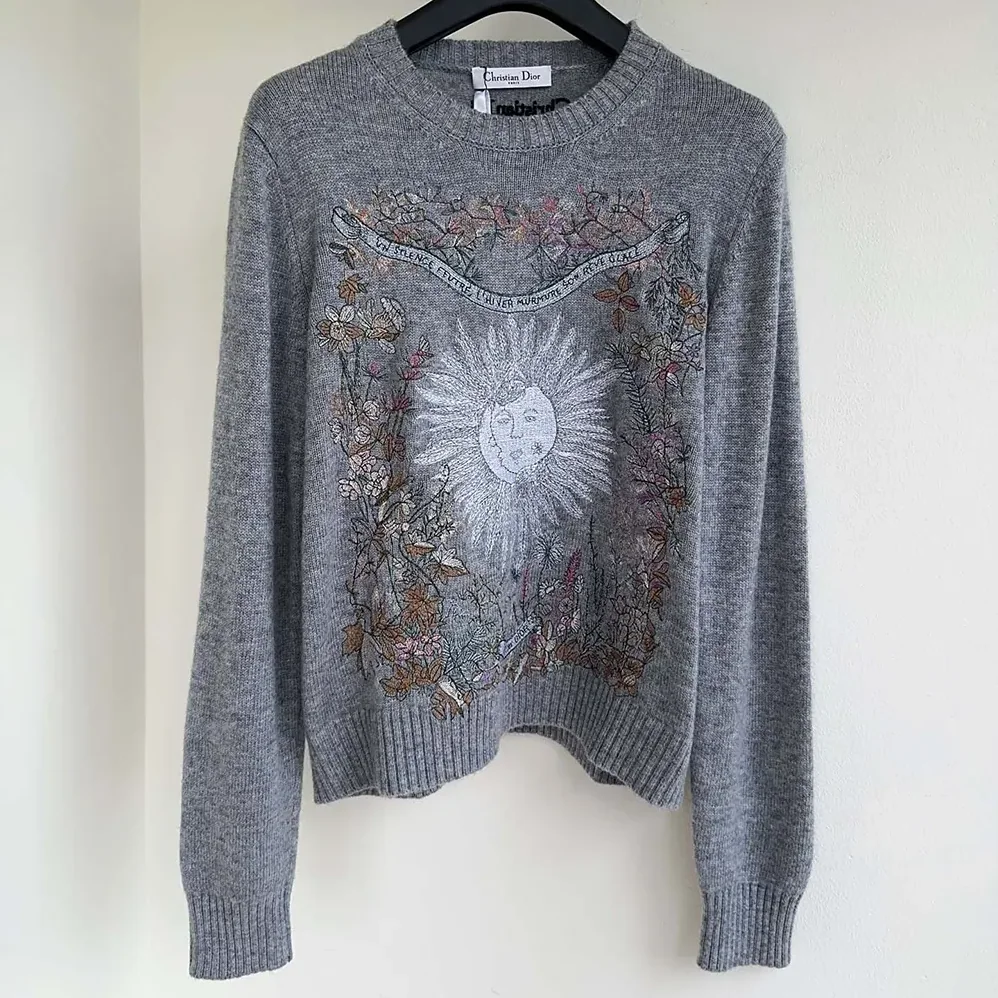 Dior Embroidered Sweater Gray Cashmere Knit with Multicolor Dior 4 Saisons Hiver Motif for Women
