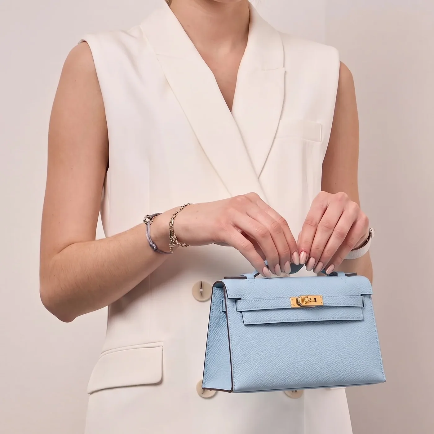 Hermes Kelly Pochette Top Handle Bag / Sky Blue Epsom Gold Hardware