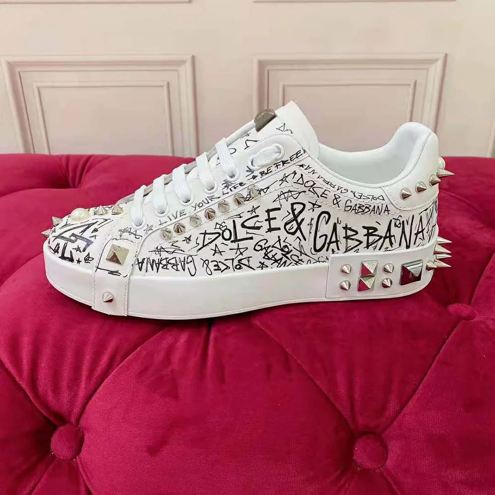 Dolce Gabbana D&G Calfskin Nappa Portofino Sneakers with Studs for Unisex in White Dolce Gabbana D&G Calfskin Nappa Portofino Sneakers with Studs for Unisex in White