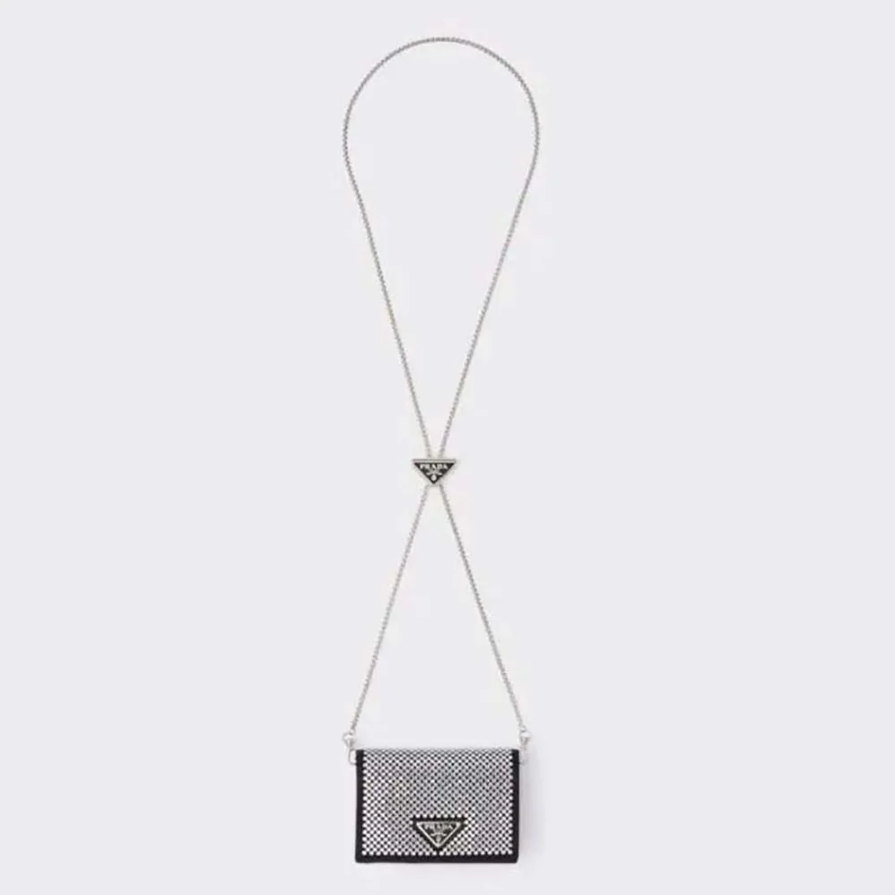Prada Crystal-Studded Card Holder with Shoulder Strap for Women in Black