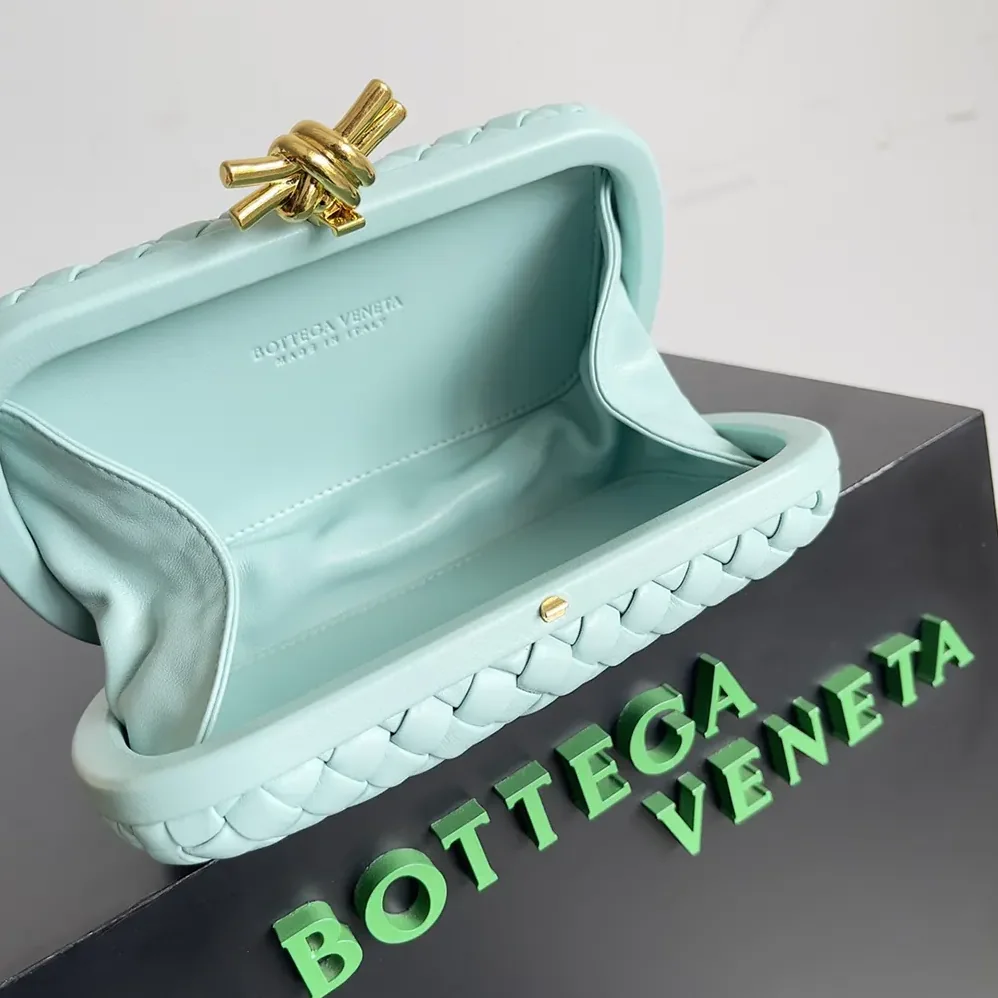 Bottega Veneta Knot Minaudière Clutch in Calfskin Leather for Women in Light Blue Bottega Veneta Knot Minaudière Clutch in Calfskin Leather for Women in Light Blue