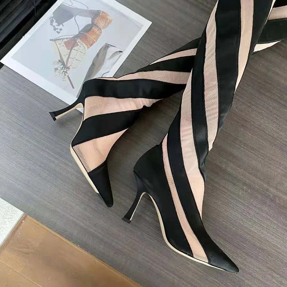 Jimmy Choo Mugler Sock OTK Boot Black and Nude Sheer Spiral Stretch Fabric Sock Over-The for Women in Knee Boots Jimmy Choo Mugler Sock OTK Boot Black and Nude Sheer Spiral Stretch Fabric Sock Over-The for Women in Knee Boots