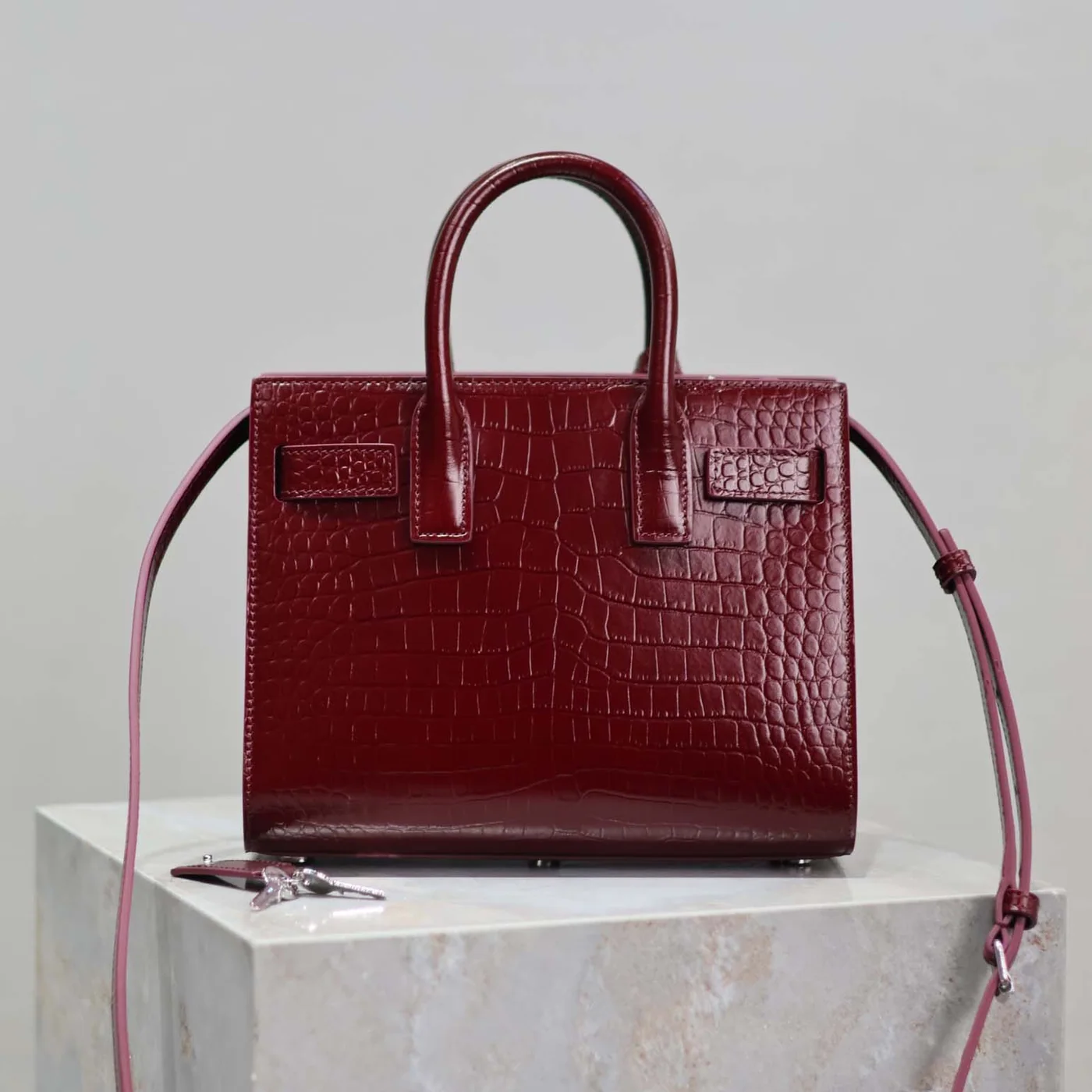 Saint Laurent YSL Sac De Jour in Crocodile Embossed Leather Nano for Women in Maroon Saint Laurent YSL Sac De Jour in Crocodile Embossed Leather Nano for Women in Maroon