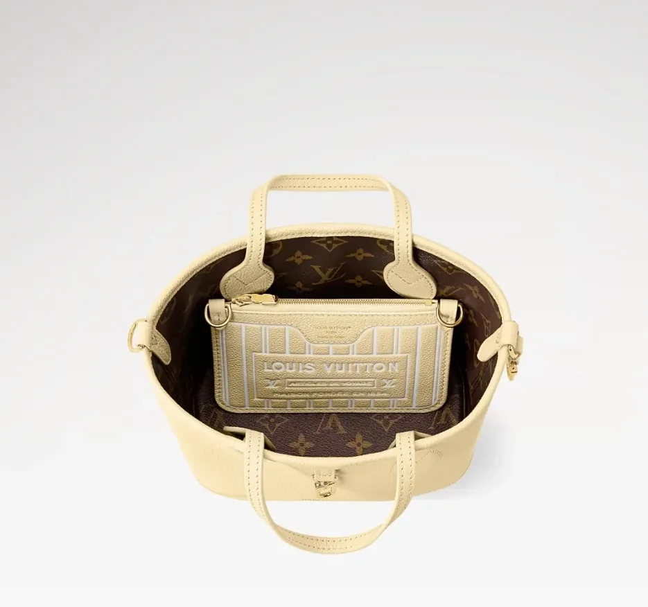 Louis Vuitton Neverfull Bandouliere Inside Out BB Tote Bag in Banane Monogram Gold Hardware