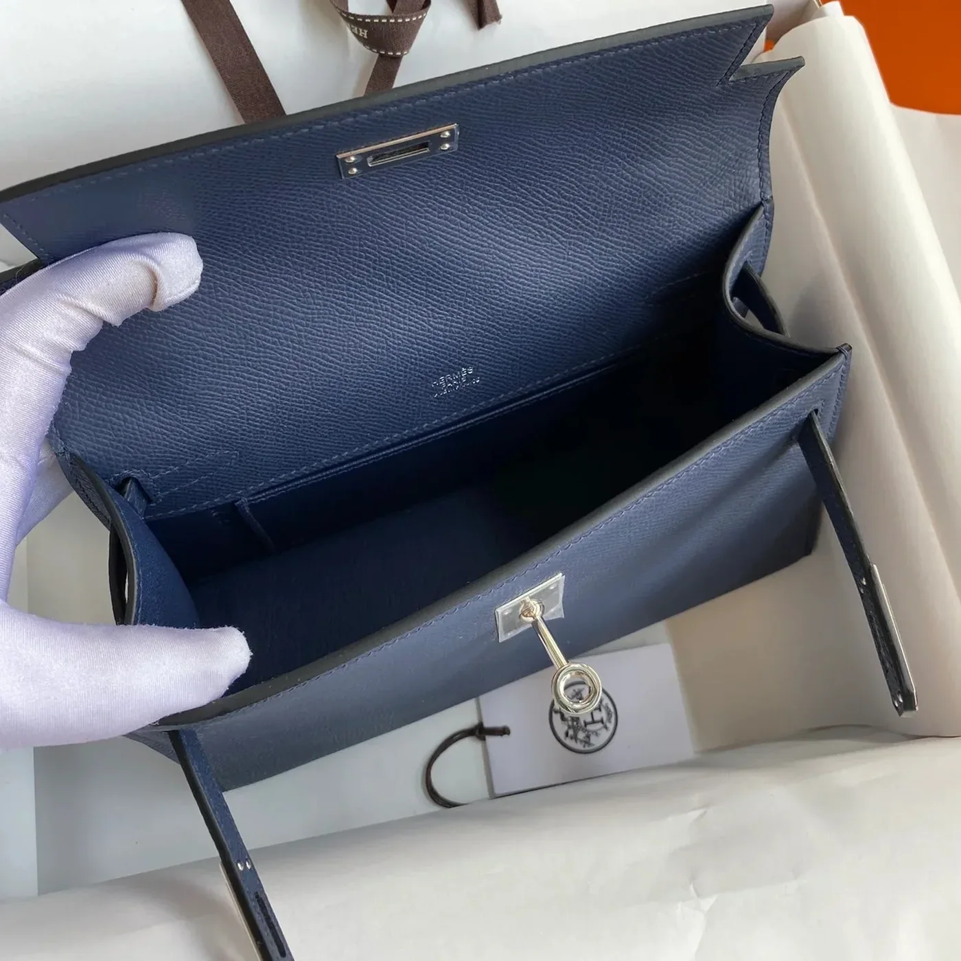 Hermes Kelly Pochette Top Handle Bag in Navy Epsom Palladium Hardware