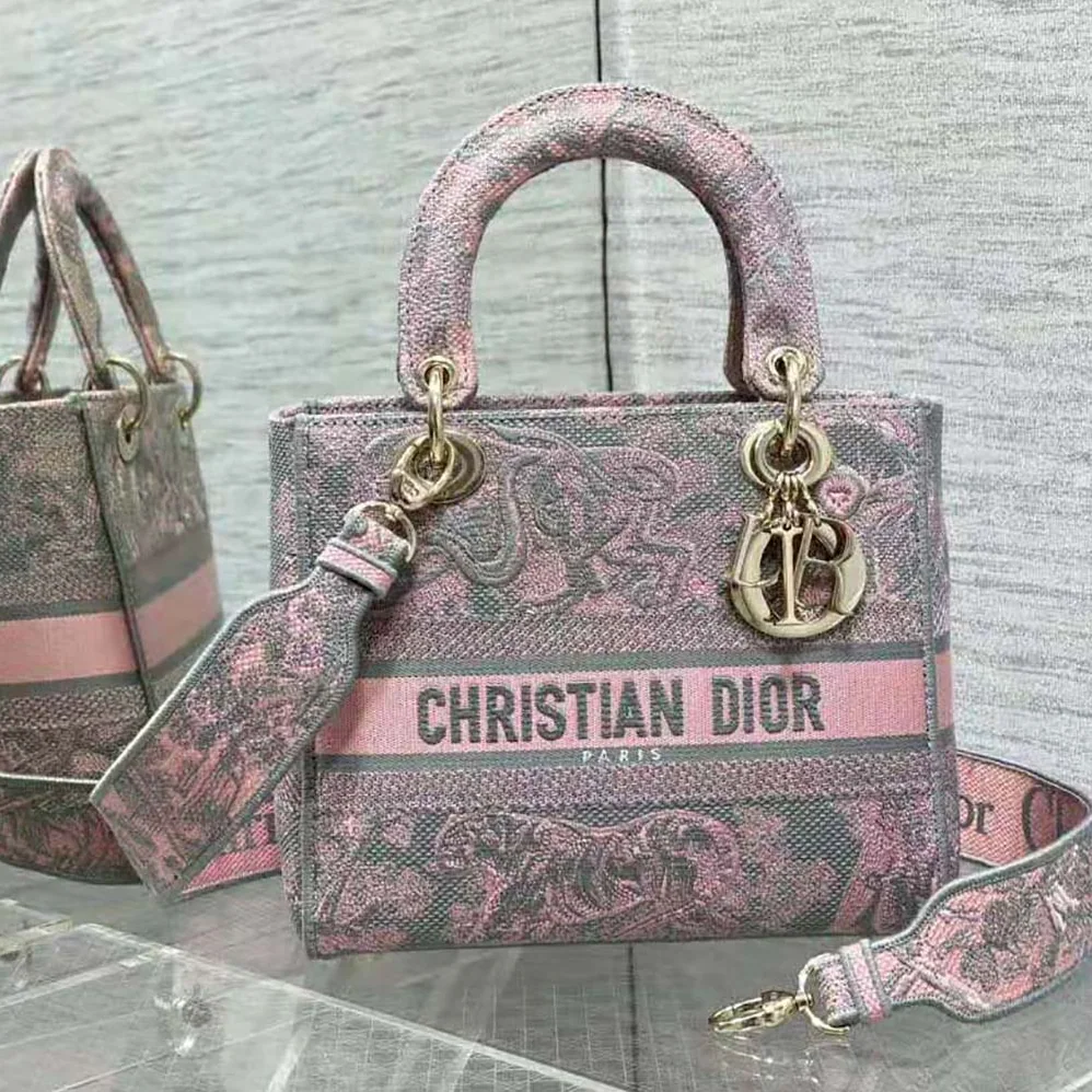 Dior Medium Lady D-lite Bag Gray and Pink Toile de Jouy Reverse Embroidery for Women Dior Medium Lady D-lite Bag Gray and Pink Toile de Jouy Reverse Embroidery for Women