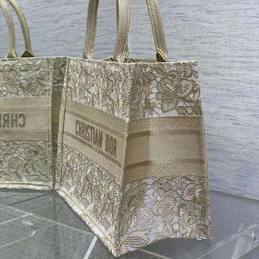 Dior Medium Dior or Dior Book Tote Gold-Tone D-Lace Embroidery with Macramé Effect for Women